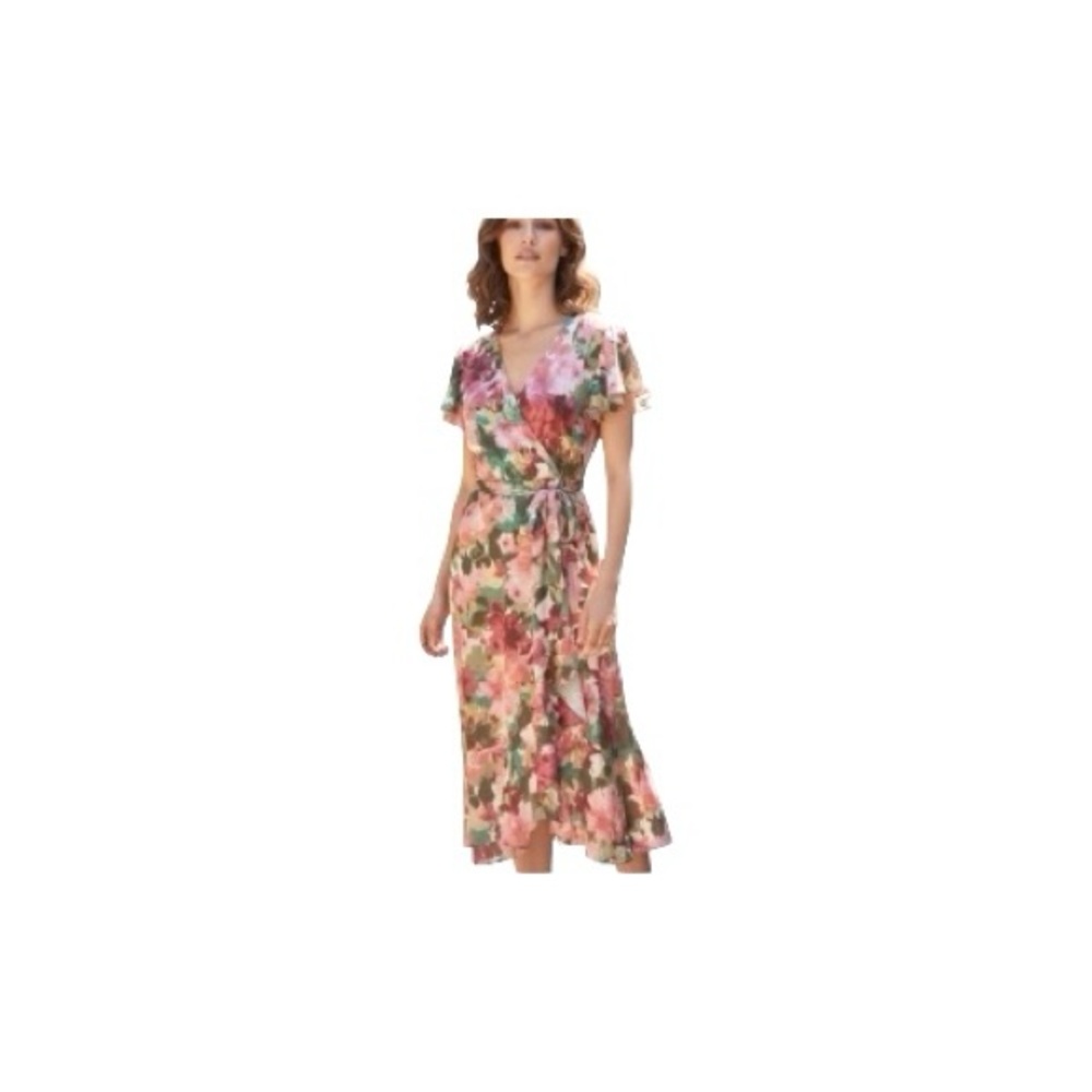 Nicole Miller Floral Satin Ruffle Front Short Sleeves Faux Wrap Midi Dress Small
